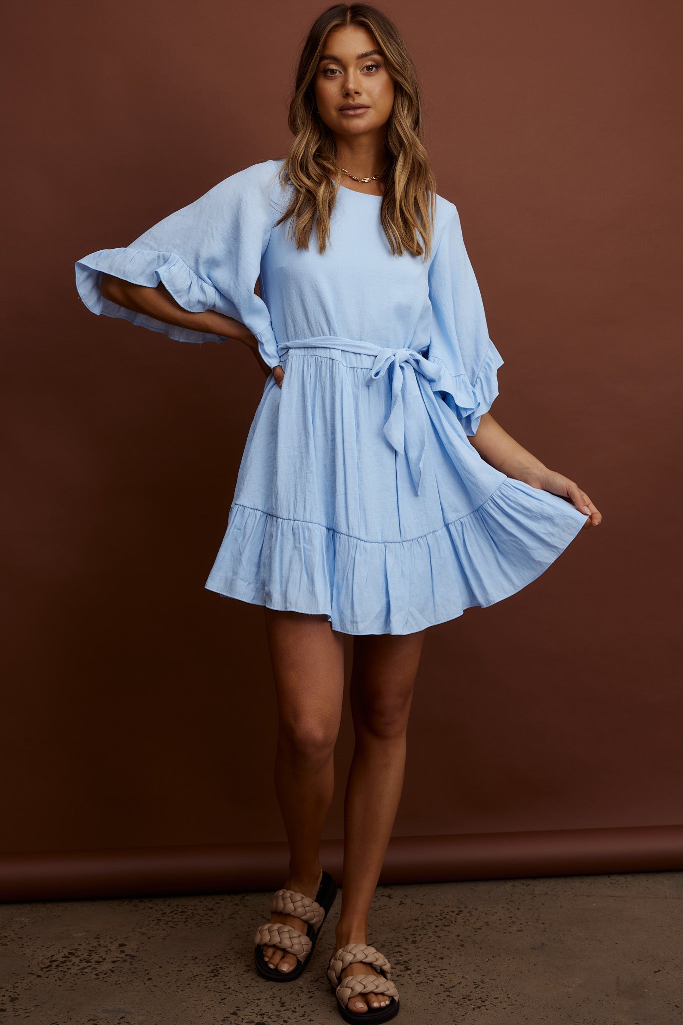 Joni Batwing Sleeve Waist Tie Dress Ruffle Blue