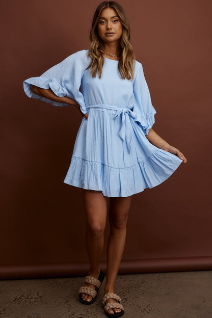 Joni Batwing Sleeve Waist Tie Dress Ruffle Blue