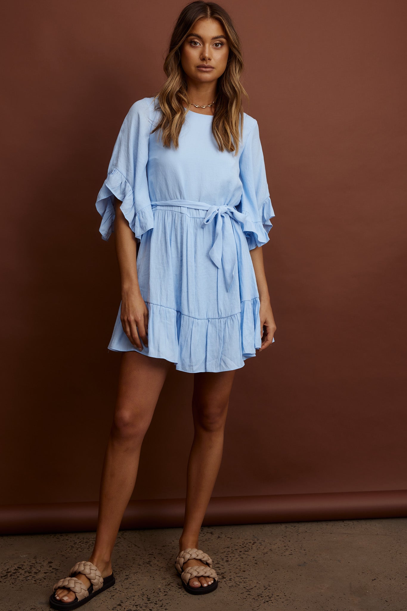 Joni Batwing Sleeve Waist Tie Dress Ruffle Blue