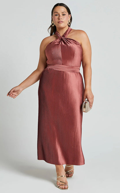 Marlette Midi Dress - Pleated Open Back Halter Dress in Rust