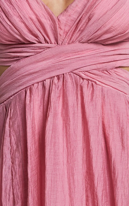Marielly Midi Dress - Side Cut Out V Neck Ruffle Detail Sleeve Dress in Pink