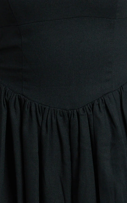 Morris Midi Dress - Linen Scoop Neck Gathered Dress in Black
