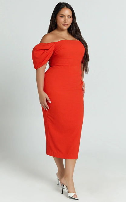Lohan Midi Dress - Off Shoulder Puff Sleeve in Orange