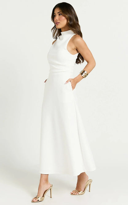 Macy Midi Dress - High Neck A Line Dress in Off White