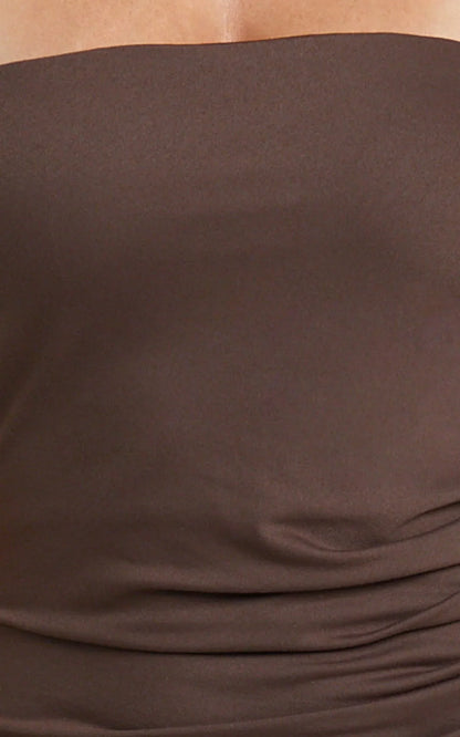 Natasha Midi Dress - Strapless Ruched Column Dress in Chocolate
