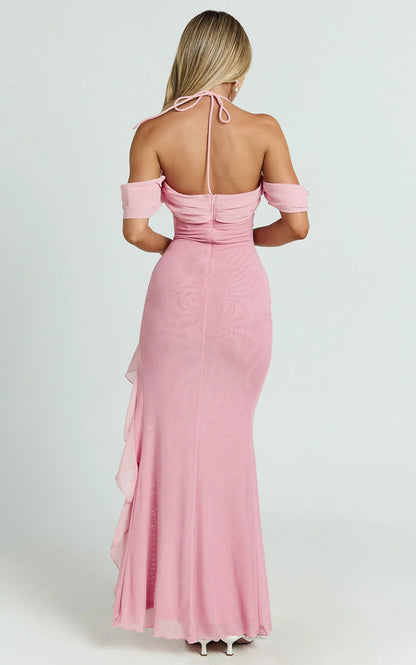 Mirabella Maxi Dress - Off Shoulder Asymmetrical Ruffle Split Dress in Blush