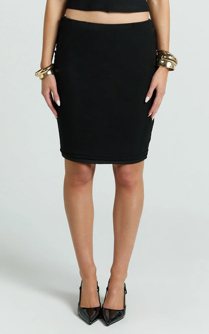 Lucienna Midi Skirt - Low Waist Sheer Mesh Knee Length Skirt in Black