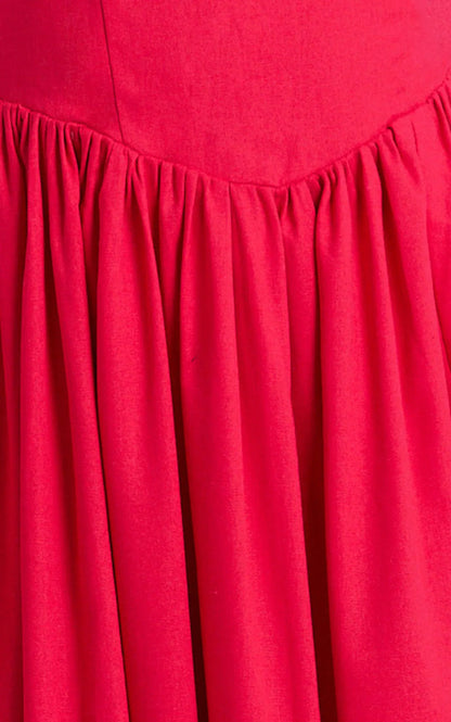 Morris Midi Dress - Linen Scoop Neck Gathered Dress in Red