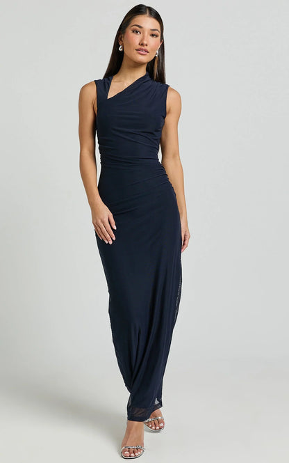 Lara Midi Dress - Asymmetrical Ruched Mesh Dress in Ink