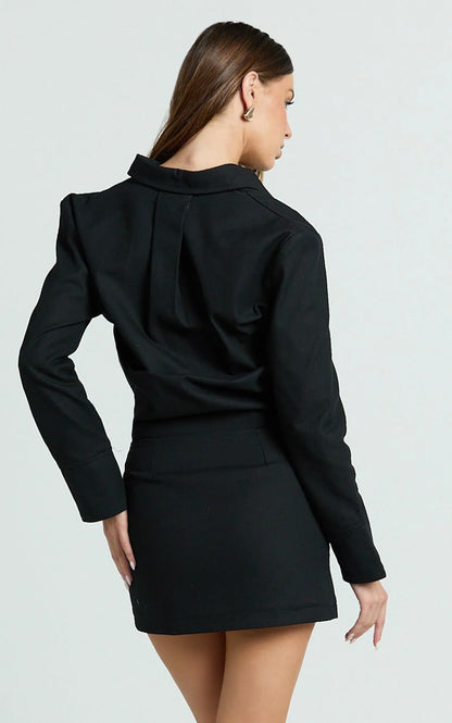 Lizzie Mini Dress - Long Sleeve Button Front Shirt Dress in Black