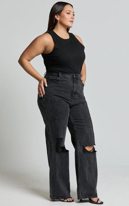 Miho Jeans - High Waisted Recycled Cotton Distressed Straight Leg Denim Jeans in Washed Black
