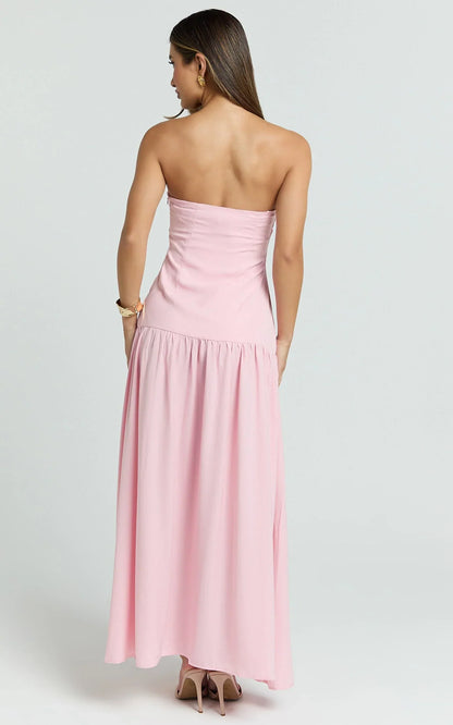 Nadiane Maxi Dress - Strapless Asymmetric Drop Waist Dress in Pink