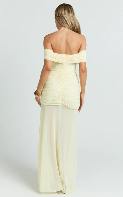 Leticia Maxi Dress - Mesh Off Shoulder Ruched High Split Dress in Lemon