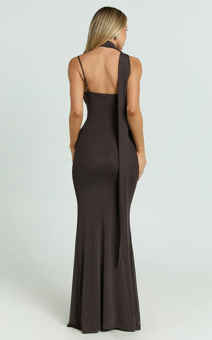 Larson Maxi Dress - Asymmetric Tie Neck Column Dress in Chocolate
