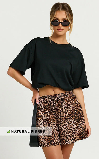 Lopez Linen Blend Shorts - High Waisted Shorts in Tonal Leopard Print
