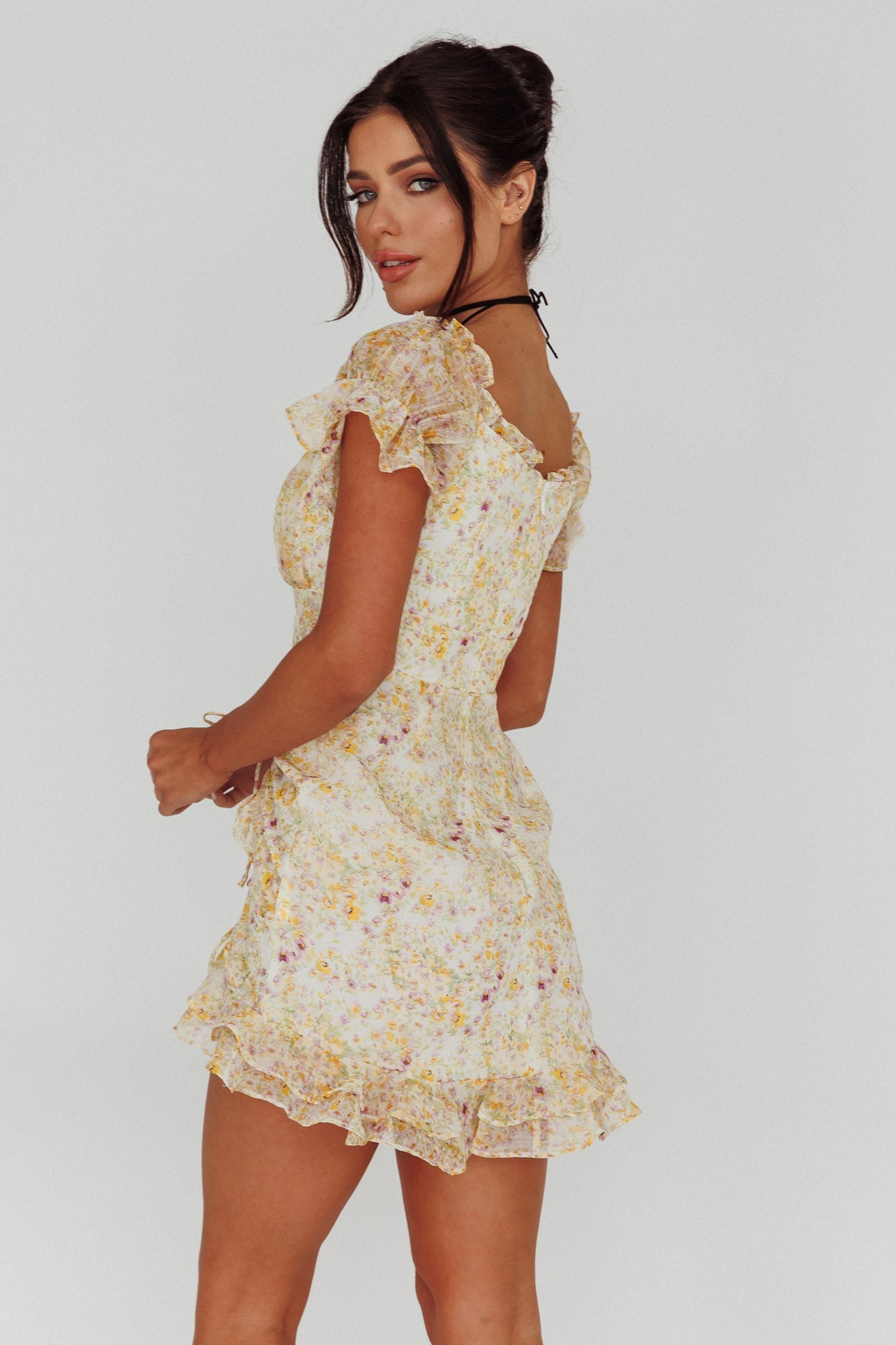 Linka Drawstring Detail Frill Dress Floral Beige