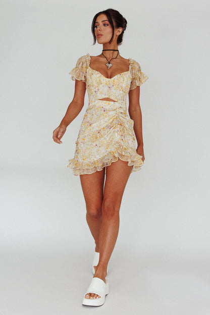 Linka Drawstring Detail Frill Dress Floral Beige