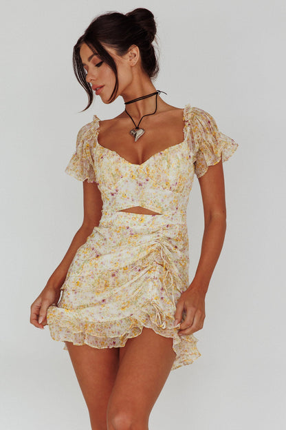 Linka Drawstring Detail Frill Dress Floral Beige