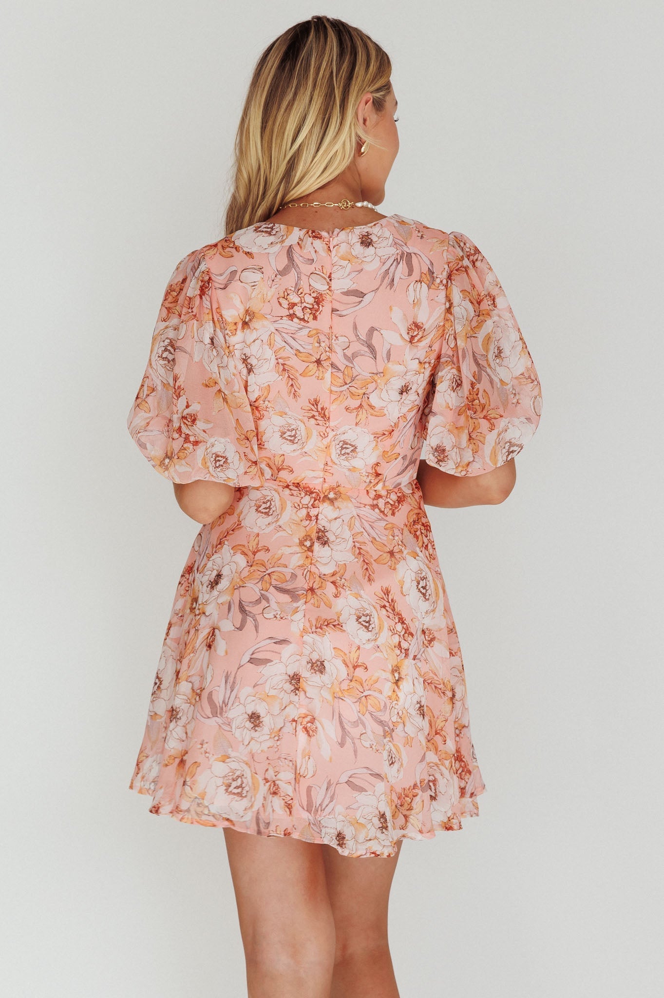 Madison Bow Tie Bust Puff Sleeve Dress Flowers Orange