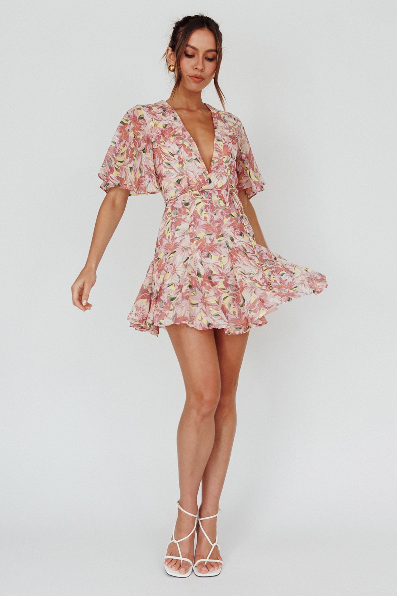 Estelle Angel Sleeve Dress Lily Print Yellow