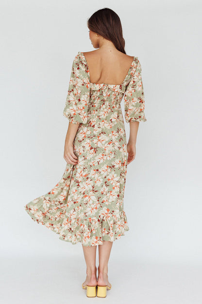 Flynn Balloon Sleeve Shirred Midi Dress Floral Green