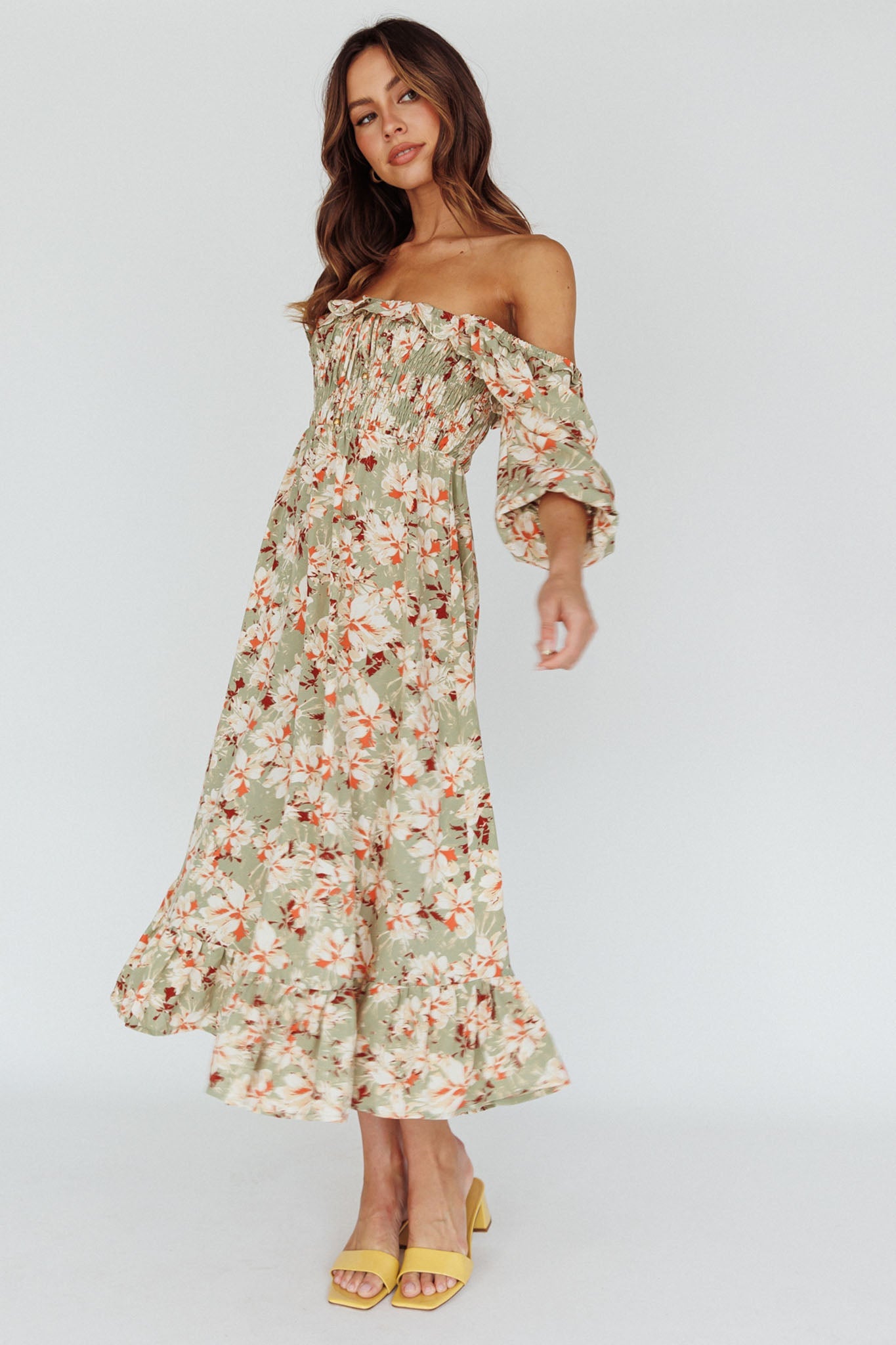 Flynn Balloon Sleeve Shirred Midi Dress Floral Green