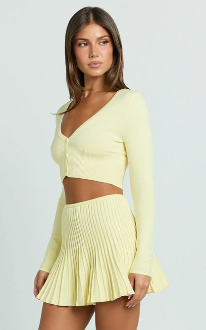 Naomi Two Piece Set - Contrast Knit Button Up Long Sleeve And Pleated Mini Skirt in Lemon