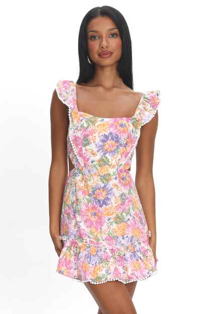 Porcia Tied Back Frill Dress White Multi