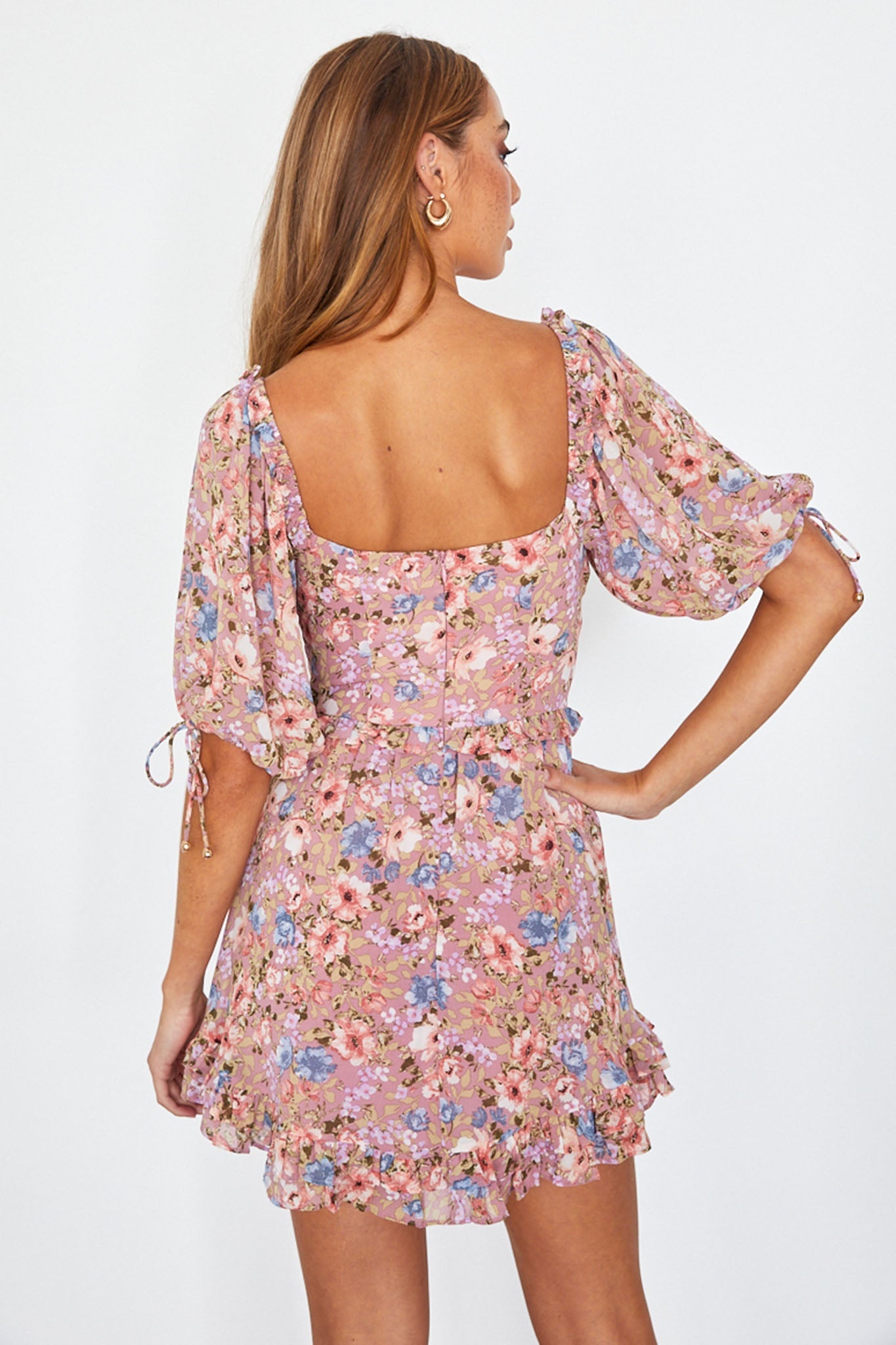 Kirra Puff Sleeve Ruched Bodice Dress Floral Pink
