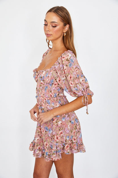 Kirra Puff Sleeve Ruched Bodice Dress Floral Pink