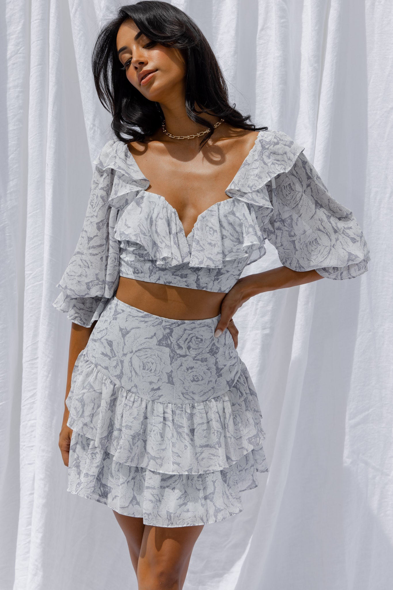 Kiss And Tell Double Layered Flounce Hem Skirt Rose Print Ink