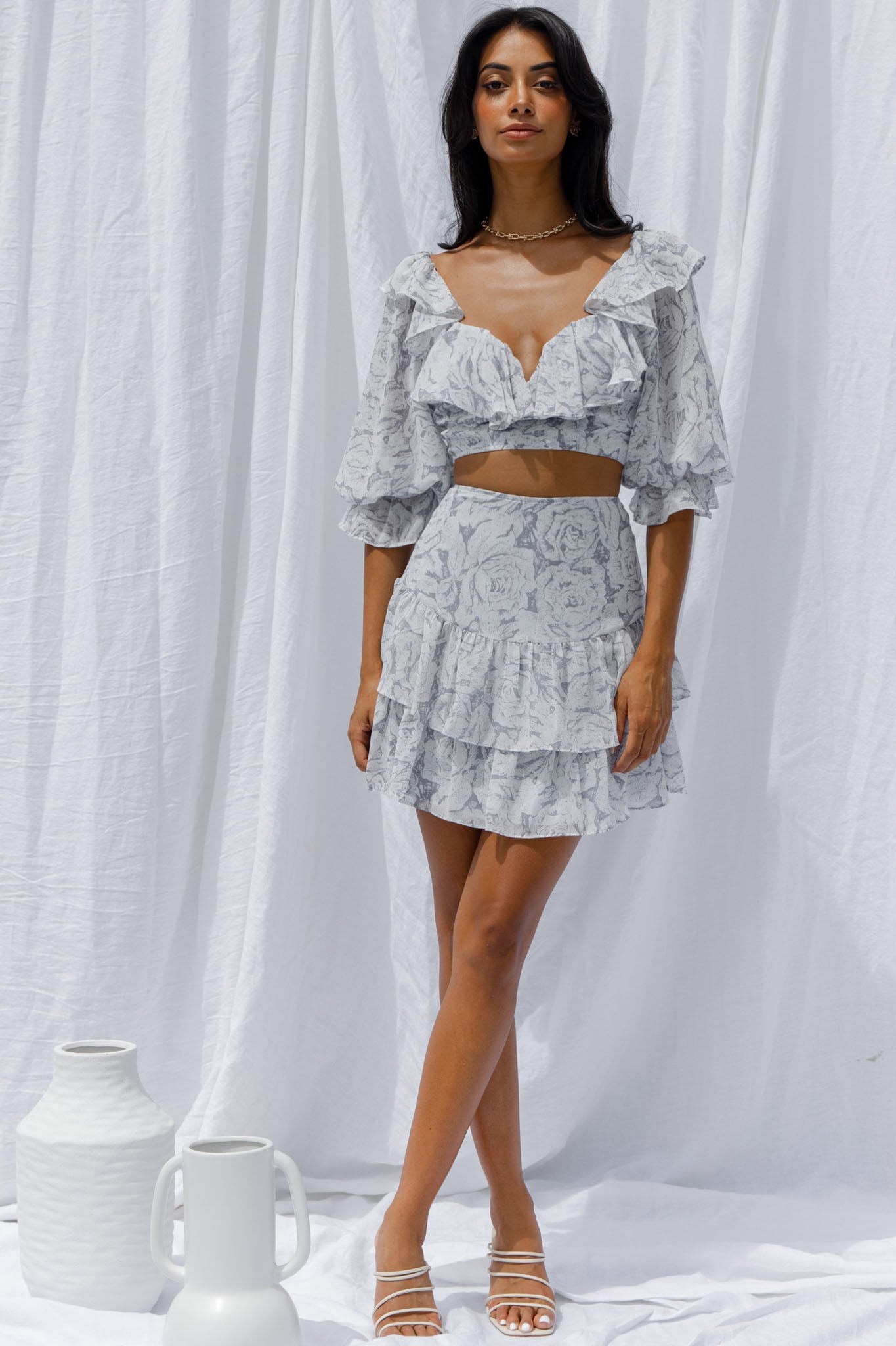 Kiss And Tell Double Layered Flounce Hem Skirt Rose Print Ink