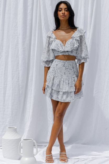 Kiss And Tell Double Layered Flounce Hem Skirt Rose Print Ink