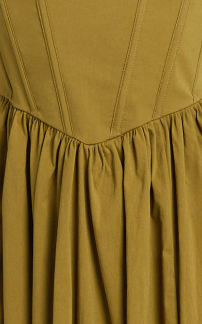 Maddie Midi Dress - Sweetheart Fit And Flare Gathered Dress in Khaki