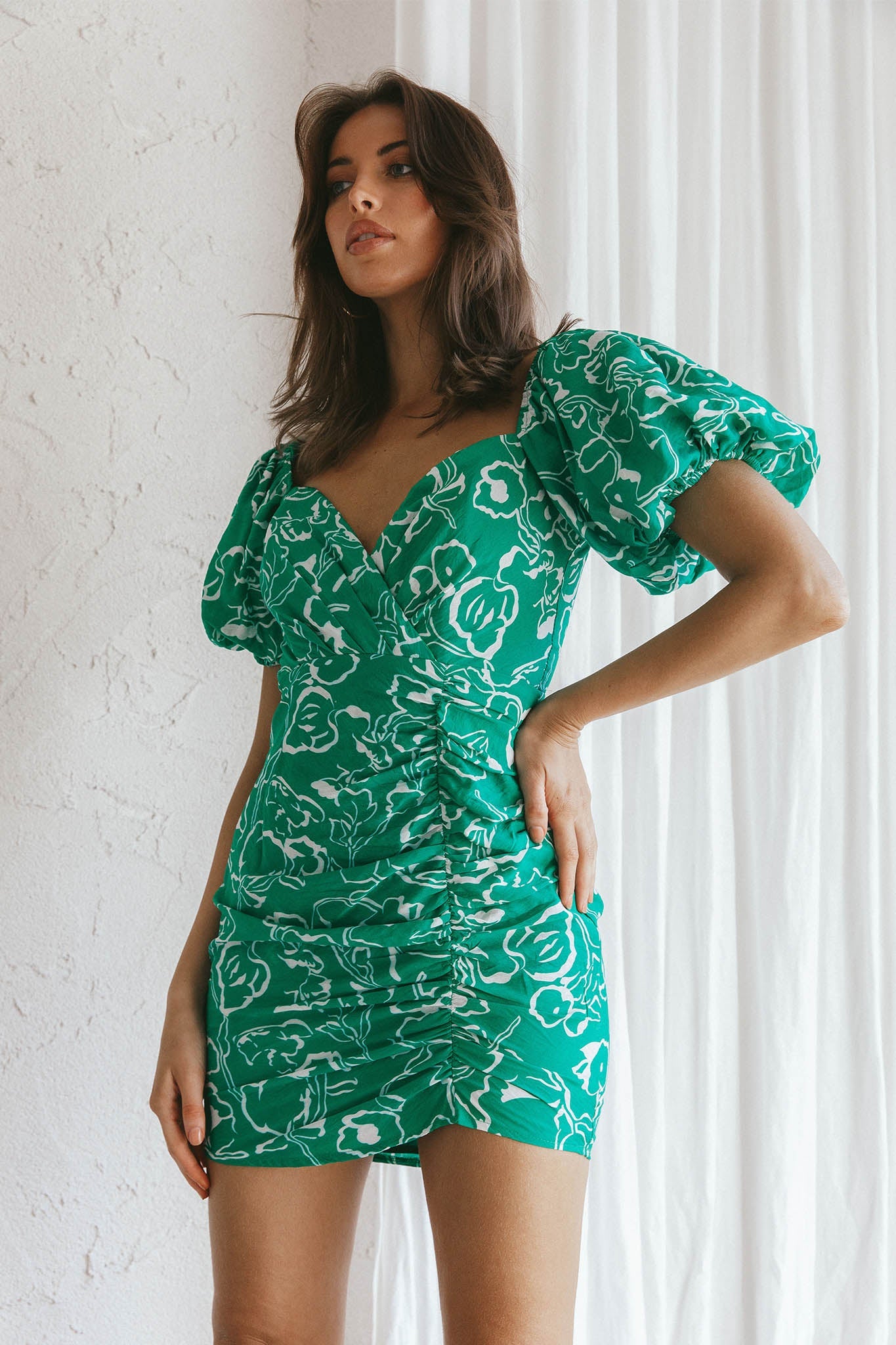 Iseo Puff Sleeve Mini Dress Print Green