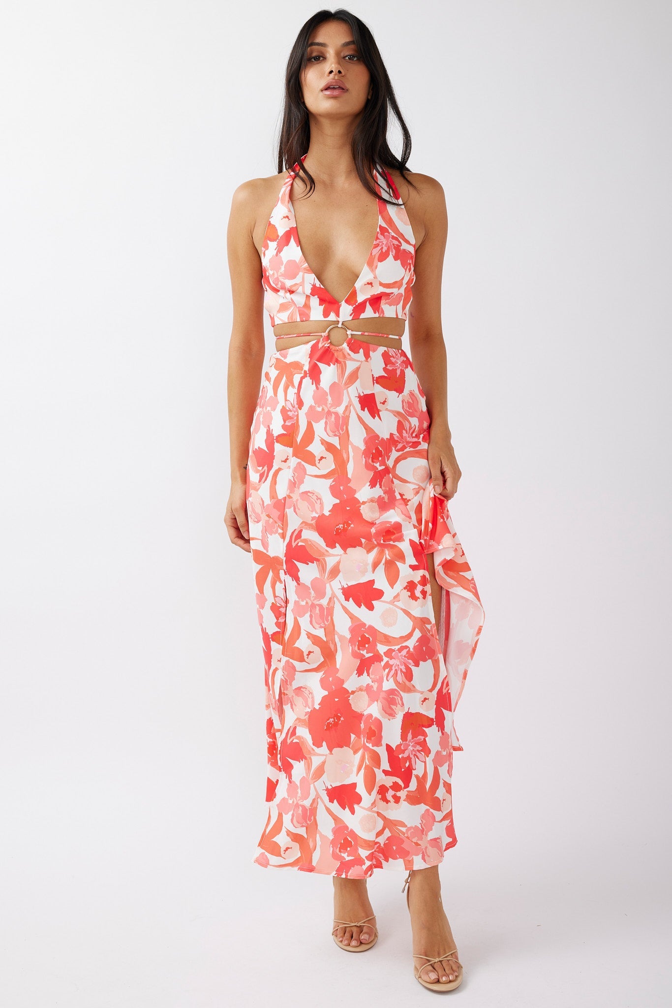 Tuscan Summers Cut-Out Midi Dress Floral Red