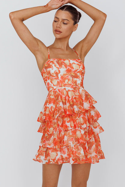 Lauran Tied Back Frill Dress Floral Orange