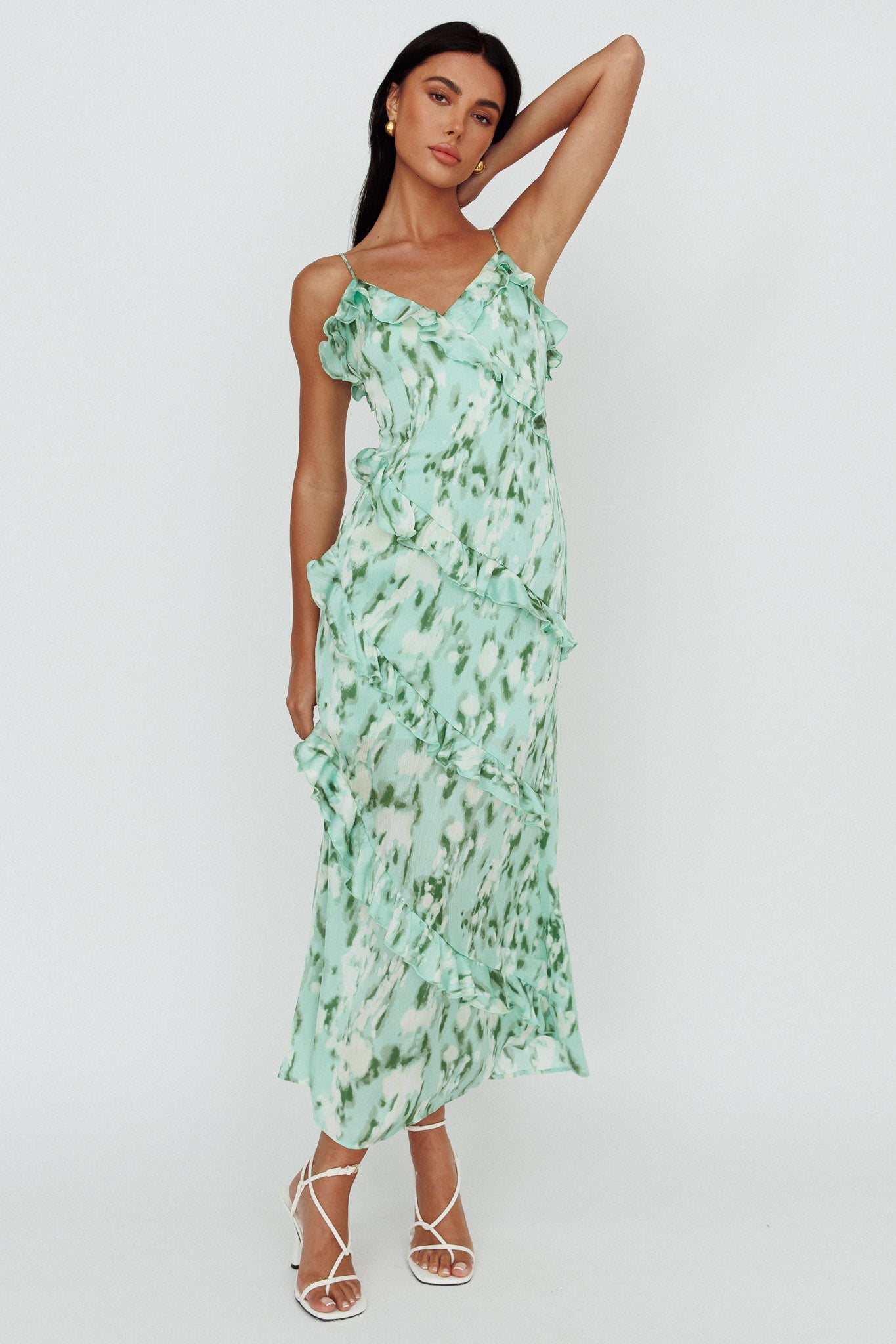 Silvana Frill Trim Midi Dress Print Green