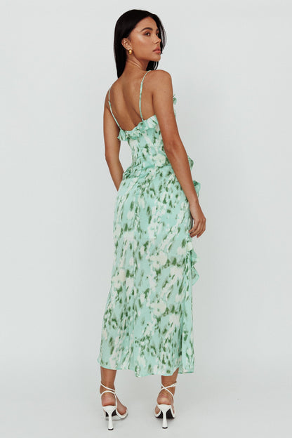 Silvana Frill Trim Midi Dress Print Green
