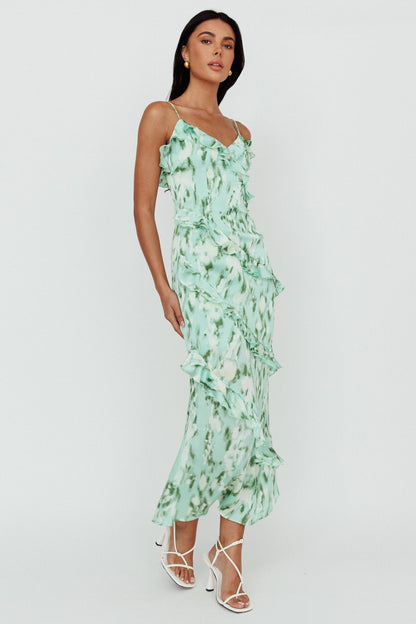 Silvana Frill Trim Midi Dress Print Green