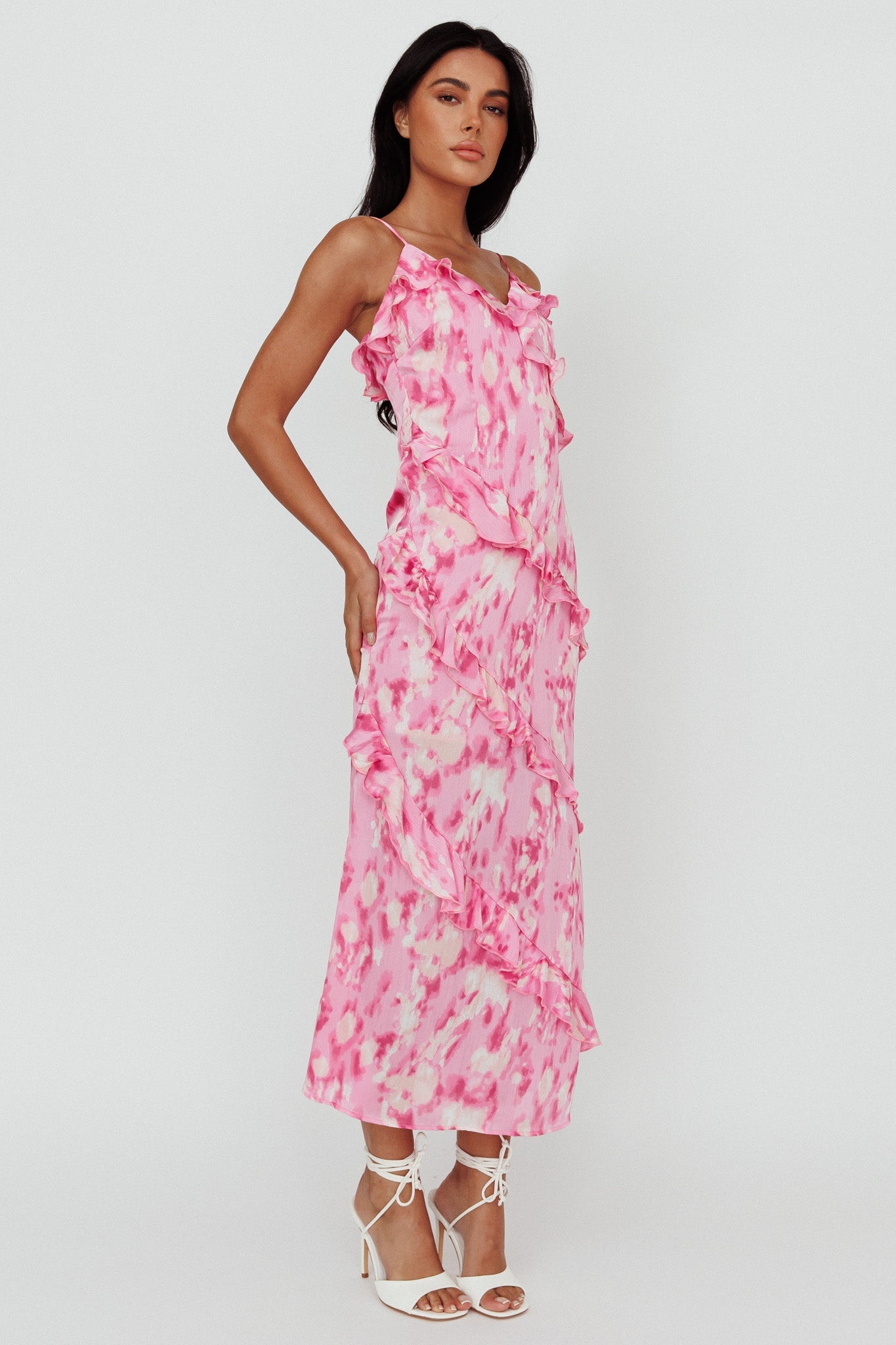 Silvana Frill Trim Midi Dress Print Pink