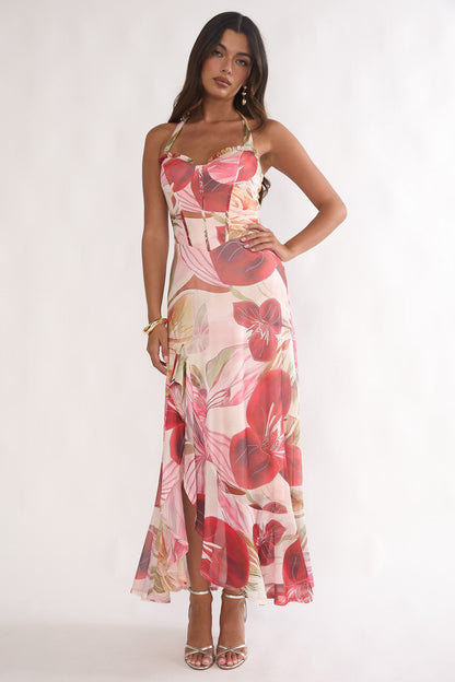 Moonlit Magic Halterneck Split Maxi Dress Floral Red
