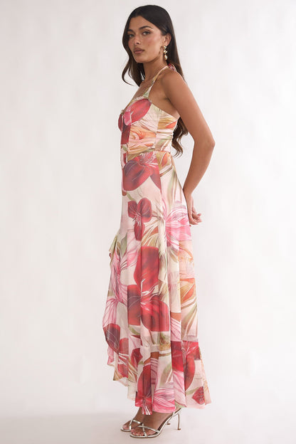 Moonlit Magic Halterneck Split Maxi Dress Floral Red