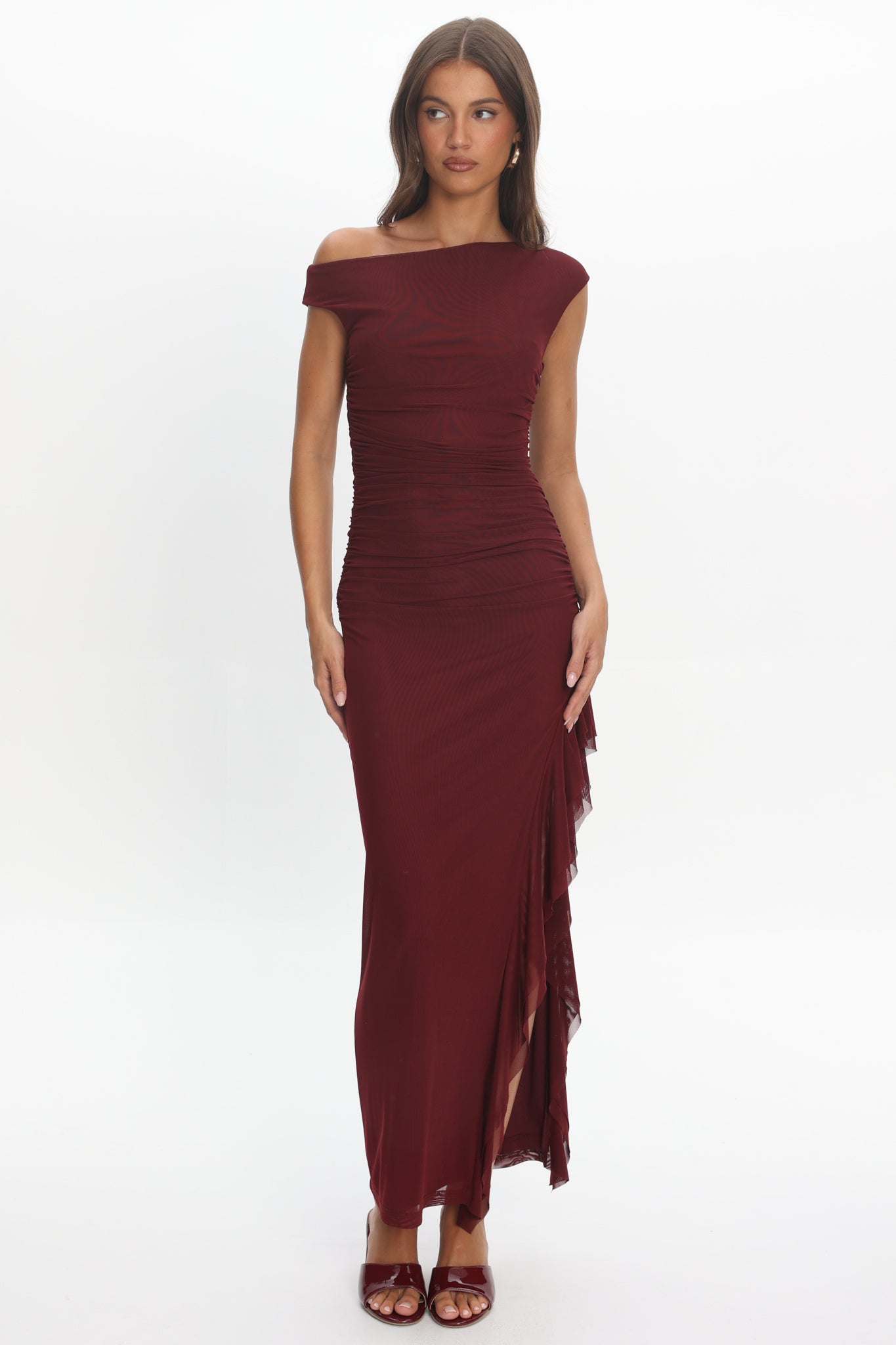 Moonlit Magic Asymmetric Neckline Slit Maxi Dress Wine