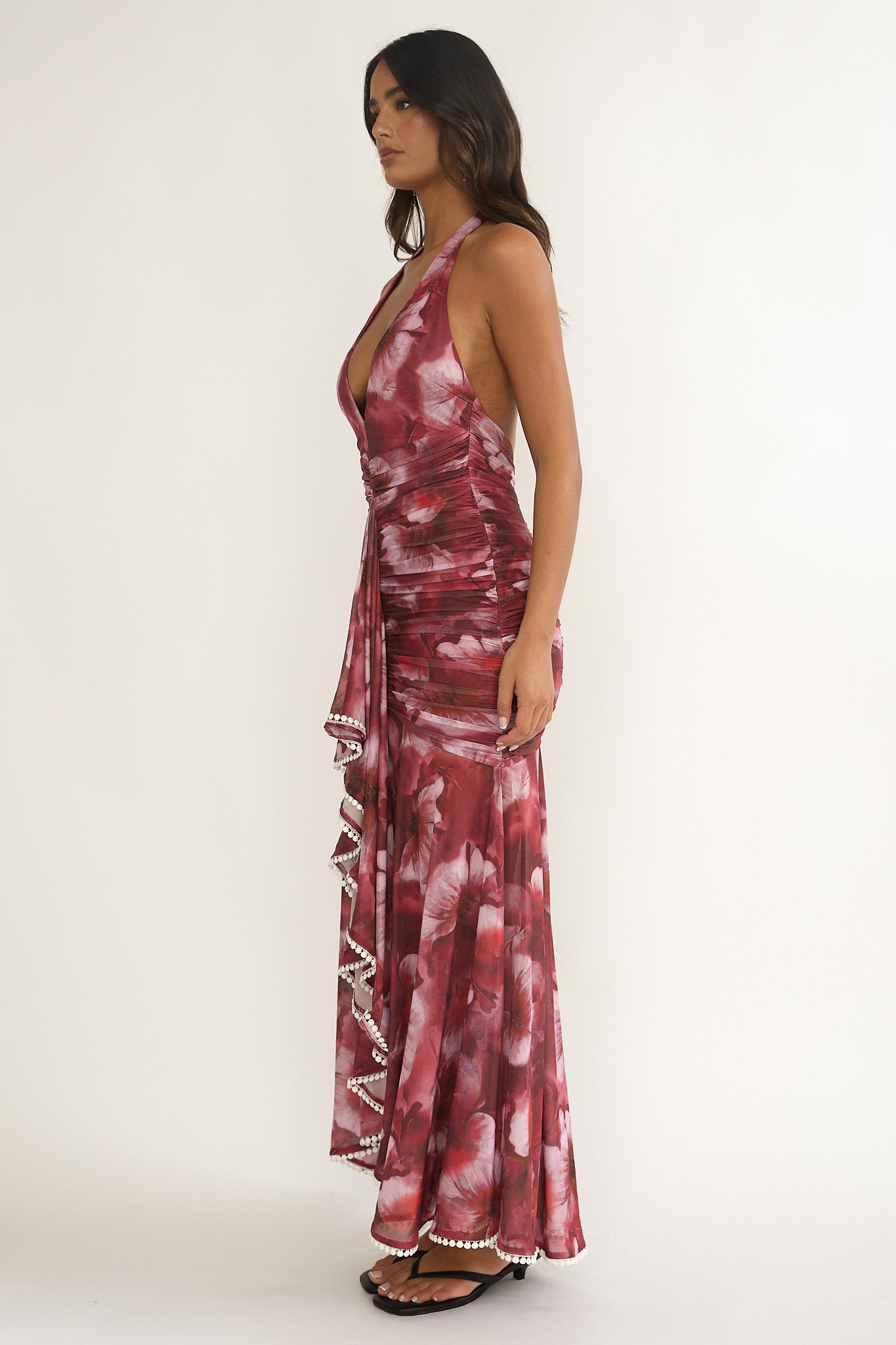 Kamilah Ruched Ruffle Maxi Dress Floral Red