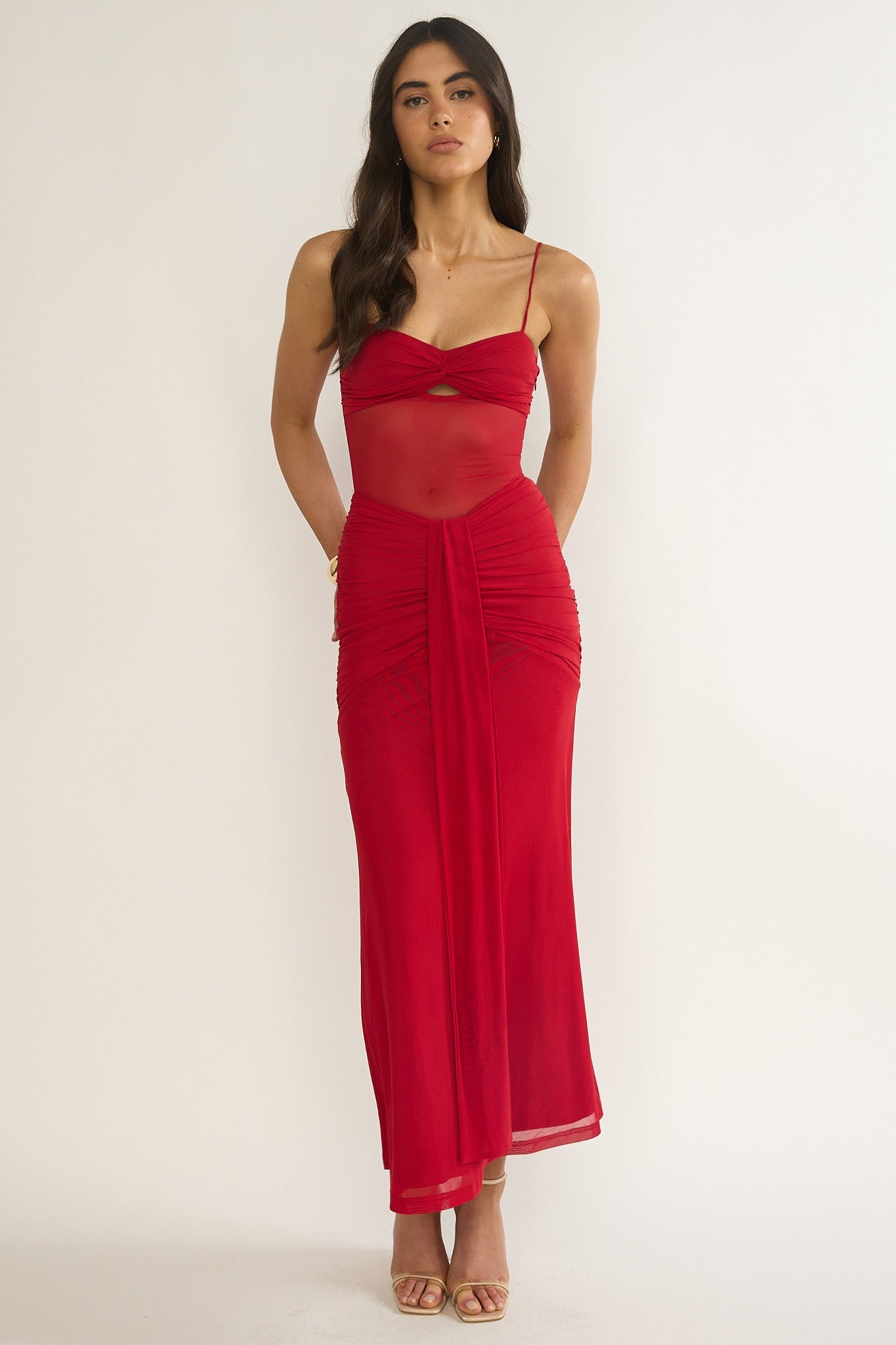 Kamilah Ruched Sheer Waist Maxi Dress Red
