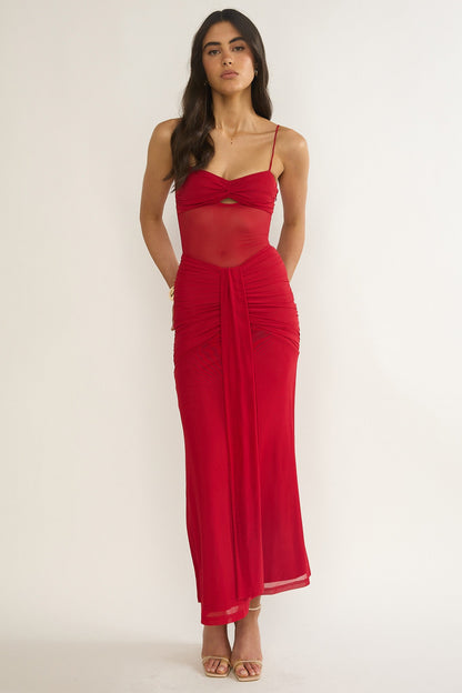 Kamilah Ruched Sheer Waist Maxi Dress Red