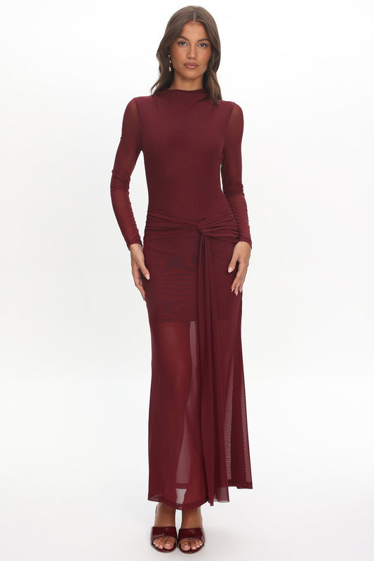 Girl's Night Long Sleeve Mesh Maxi Dress Wine