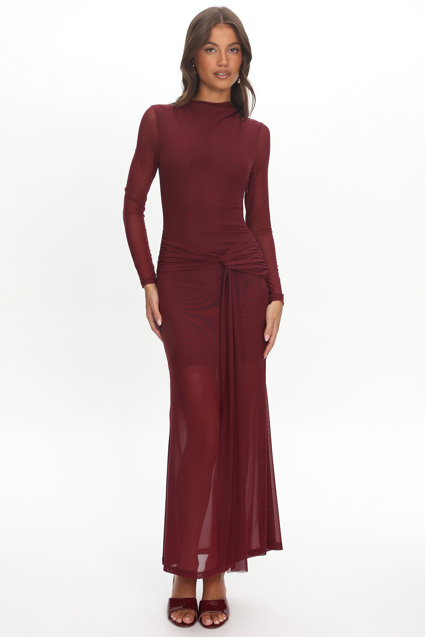 Girl's Night Long Sleeve Mesh Maxi Dress Wine