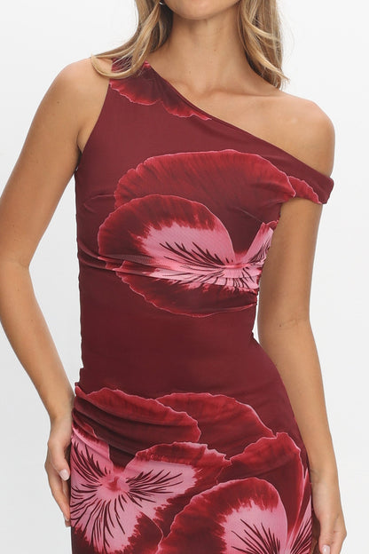 Gala Asymmetric Neckline Maxi Dress Floral Wine